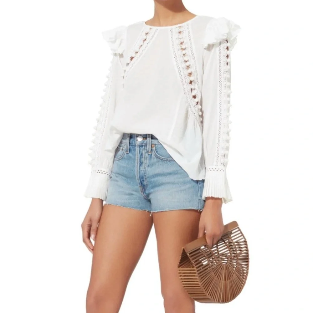 Sea New York Esther PomPom Ruffle Blouse in White Ivory